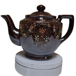 Vintage Japan Redware Hand Painted Brown Betty Moriage Teapot w Lid